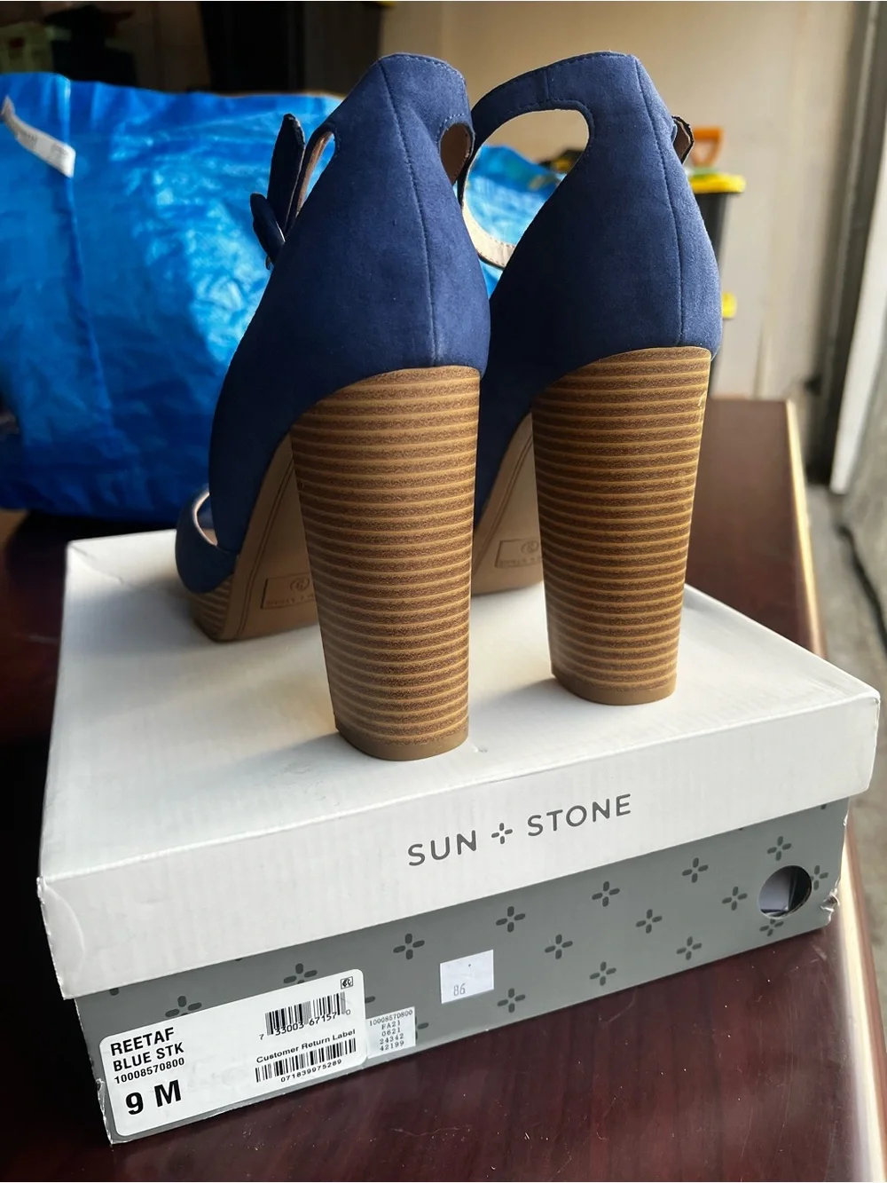 Sun + Stone Navy Suede Peep-Toe Ankle-Strap Platform Heels